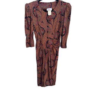 Milanzo Vintage Paisley Long-Sleeve Button Front Pleated Pencil Skirt Dress S